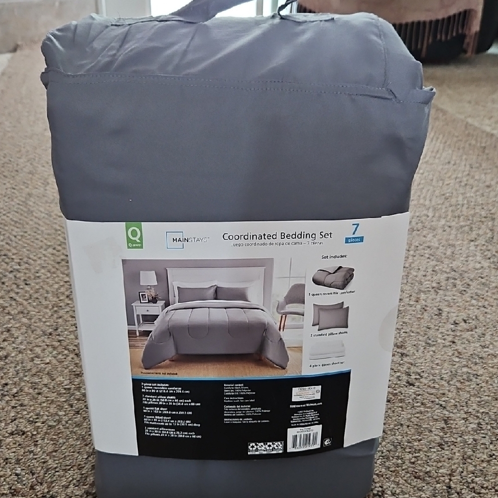 Mainstays 7 Pc Coordinated Gray Bedding Comforter & Sheet Set Brand New In Bag